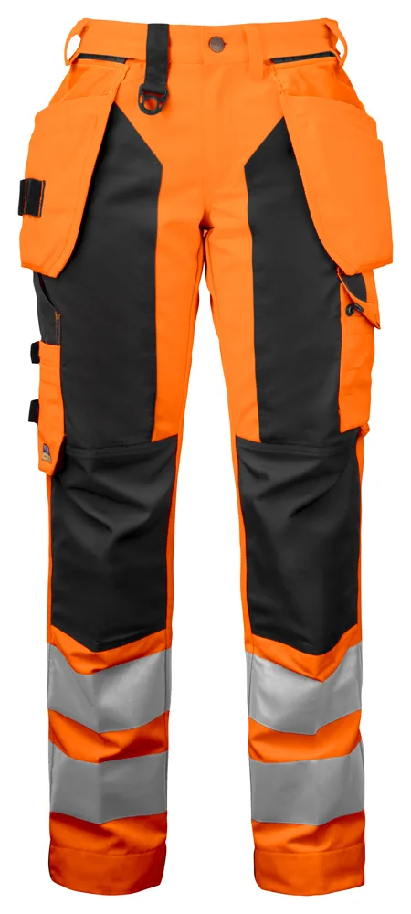Projob 6519 SIGNALISATIE BROEK MET KNIEZAKKEN EN SPIJKERKZAKKEN EN ISO 20471 KLASSE 2 DAMES - Oranje/Grijs